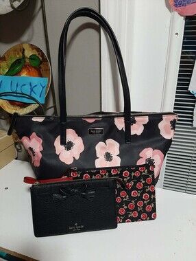 KATE SPADE "Hayden" Zip-Top Blk 'N Floral Nylon Tote 3 Pc Set